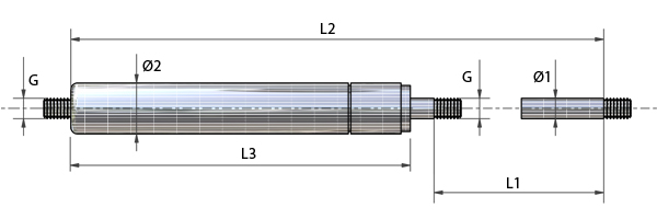 Dessins tech - Ressorts à gaz en acier inoxydable (AISI 304) avec filetage